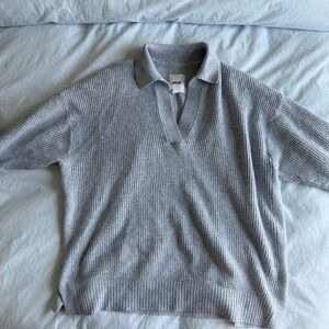 aerie Light Gray V‑Neck Knit Polo Sweater